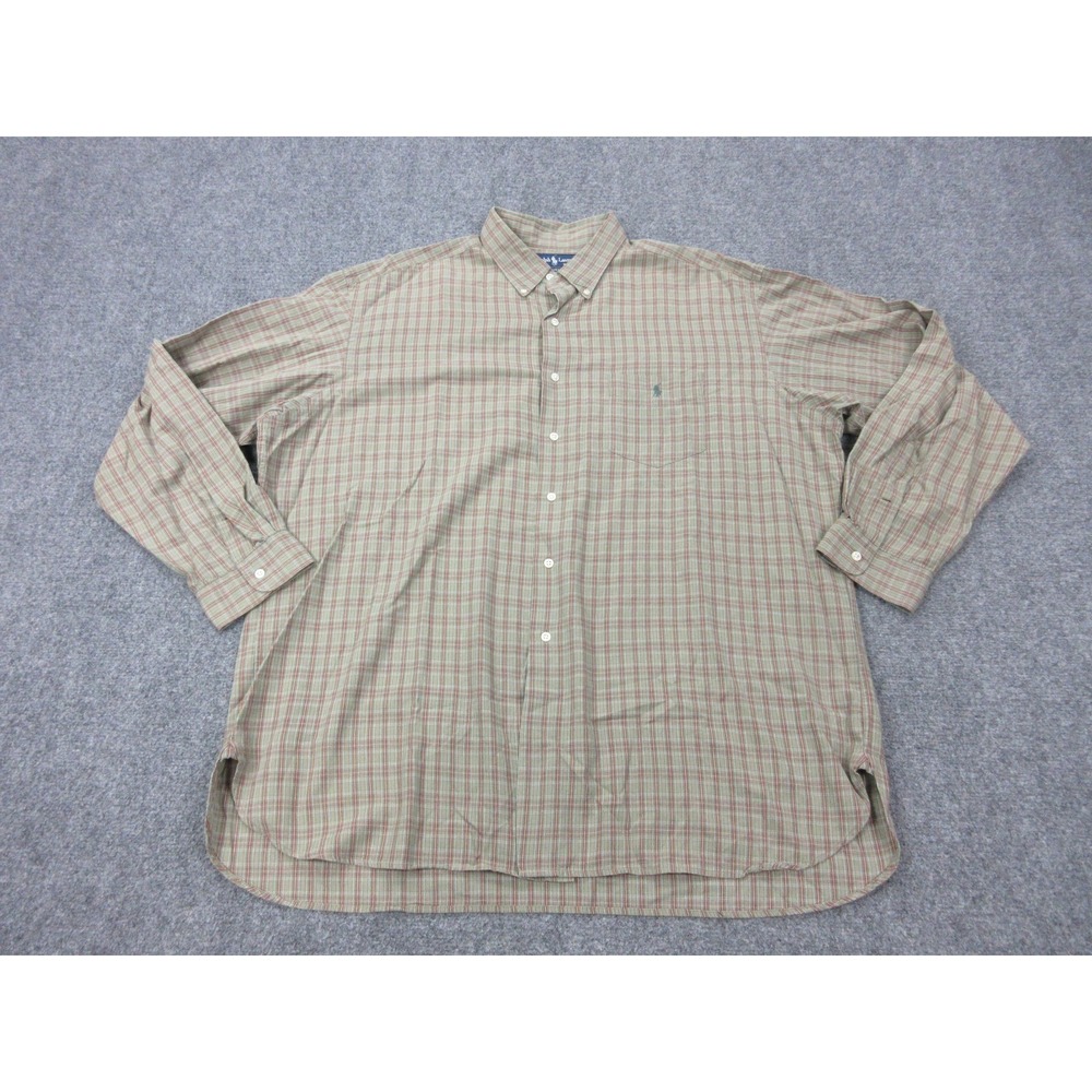 Vintage Ralph Lauren Shirt Mens 2XL Beige Plaid Long Sleeve Button Down Cotton